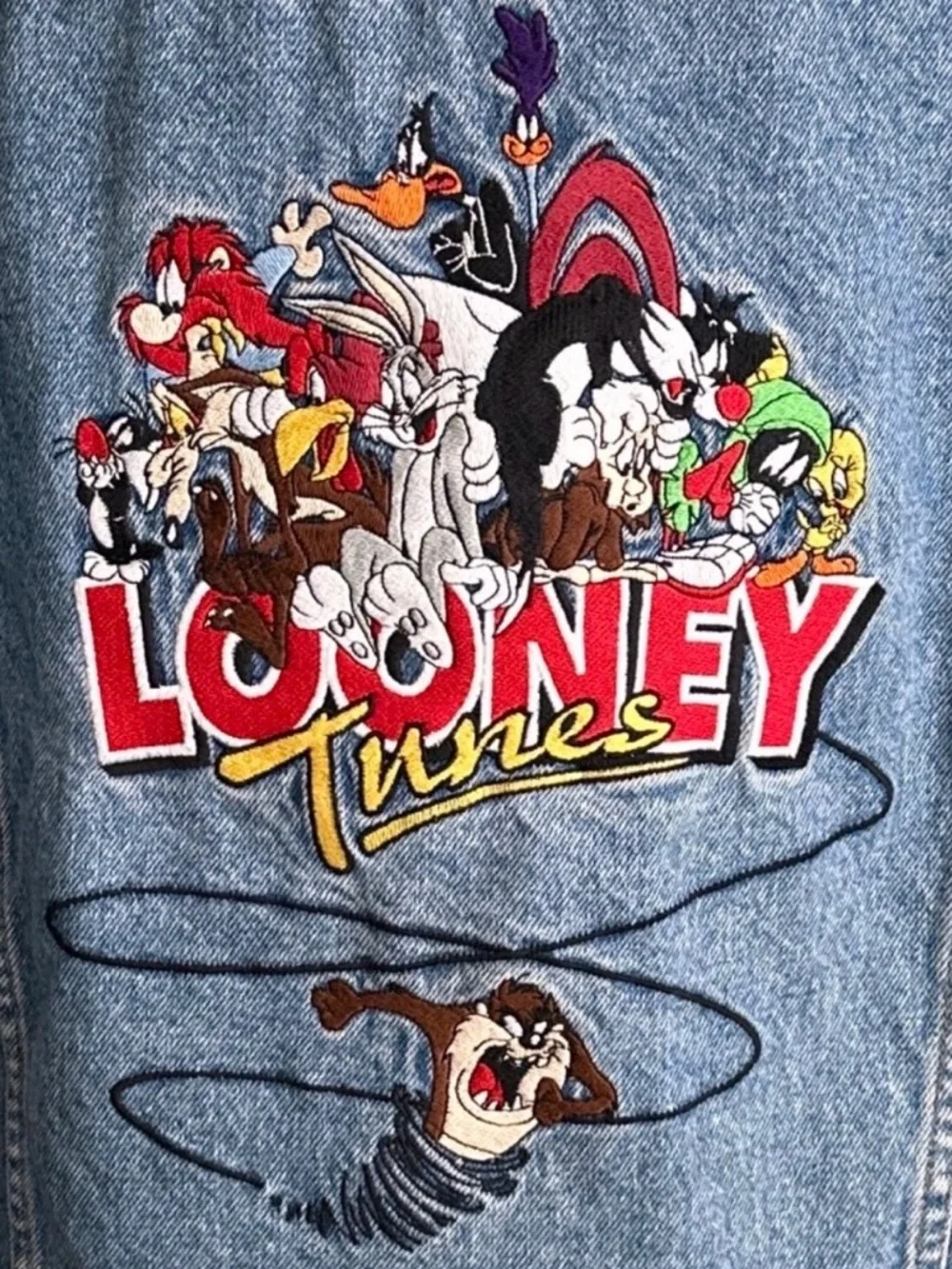 Vintage 90s Looney Tunes Denim Trucker Jacket Taz WB Studio Store M - Picture 2 of 13